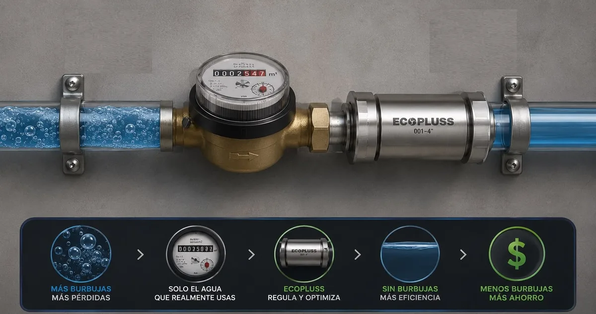 Válvula ECOPLUSS instalada en línea con medidor de agua